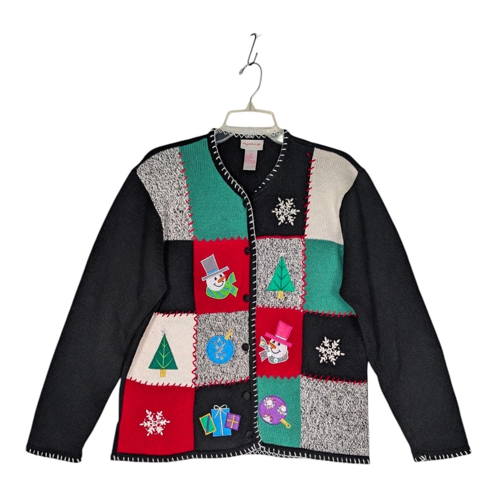 Crystal Kobe Cardigan Sweater Womens Medium Black Patchwork Holiday Christmas‎